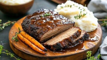 Savory Braised Beef Brisket with Rich Gravy and Creamy Mashed Potatoes on Rustic Wooden Platter
