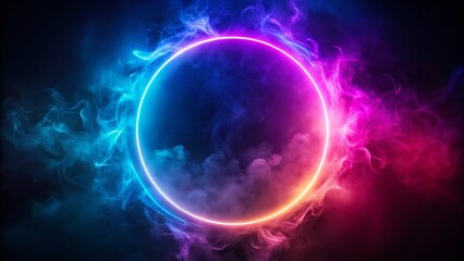 Glowing Neon Circle & Fantasy Smoke Abstract Dark Background Stock Photo