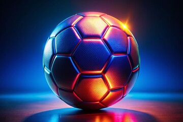Naklejka premium Glowing Neon Soccer Ball, Deep Blue Background - Elegant Sports Photography