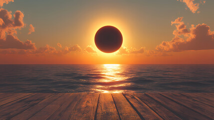 Partial solar eclipse during sunset over a tranquil landscape, viewed from a wooden platform; ideal for travel, nature, or astronomy websites. Eclipsed Sun Over Ocean. Illustration