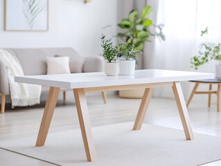 Fototapeta premium Bright white rectangular wooden table with soft overhead lighting and blurred minimalist home office background featuring desk, bookshelf, and plants 