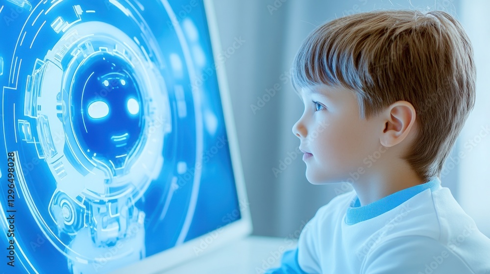 Poster boy interacting with ai robot display on screen