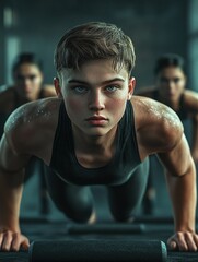 Fototapeta premium Fit young people doing pushups in a gym looking focused