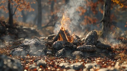 Obraz premium Cozy campfire surrounded by autumn leaves and scenic nature view