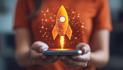Woman launching rocket app on phone