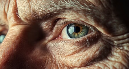 Close-up of the eyes and face, focusing on the wrinkles around them. The subject is an elderly man with blue-gray eyes. 