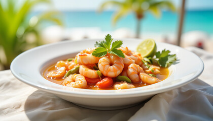 Vibrant shrimp soup garnished with lime by tropical beach, culinary delight
