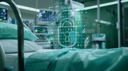 Digital lock on hospital bed representing healthcare data security and patient privacy protection