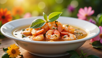 Elegant shrimp soup with herbs in garden during sunset, culinary delight