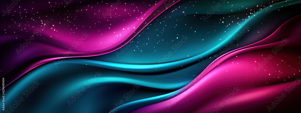 Poster abstract design featuring flowing waves of pink and teal fabric with sparkling stars, creating a dre