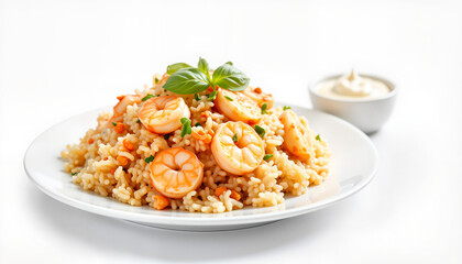 Appetizing Com tam with shrimp on white plate, culinary elegance