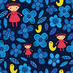 Seamless Pattern with Cute Dolls, Blue Flowers, and Birds