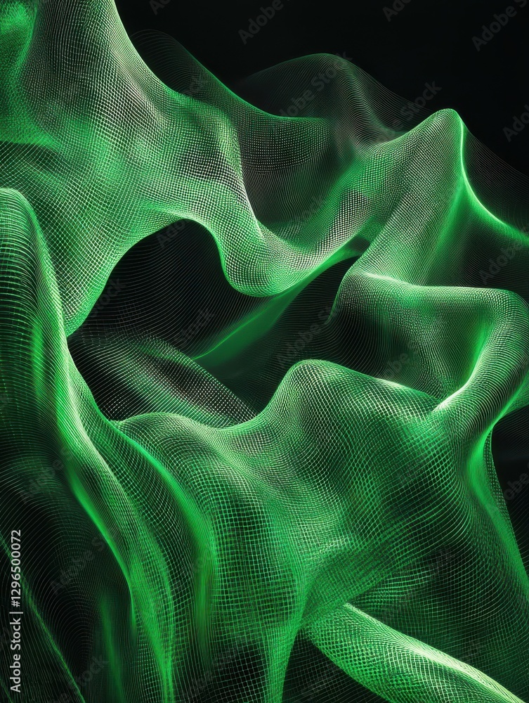 Poster abstract green grid waves on dark background. technology concept. 3d rendering
