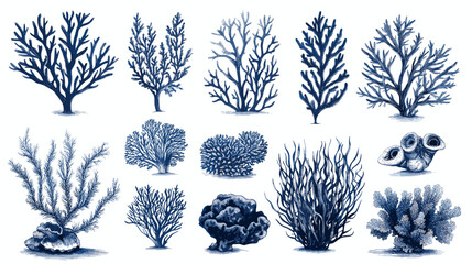 Corals and seaweed. Vector Hand Drawn Coral Sketch Botanical Illustration. Underwater flora, sea plants. Line art clipart. Vintage pink and blue marine plants isolated on a white background