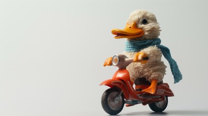 A duck wearing a scarf, joyfully riding a toy motorcycle, its tiny feet gripping the pedals, against a bright white backdrop.