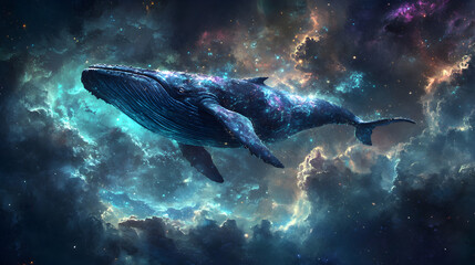 swimming through an ocean in space, its body glowing with cosmic energy 