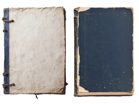A simple mockup of an old retro book frame with an elegant geometric border. Inside is a blank, classic antique book cover made of worn-out, stylish vintage paper. The item is isolated on white, cut