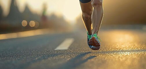 Marathon running in the light of evening, detail on legs , isolated on white background,  , copy space for text,