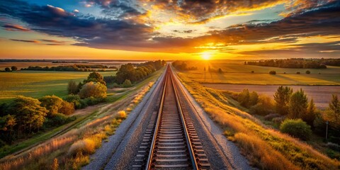 Fototapeta premium Golden Hour Train Tracks: Aerial View of Railroad Leading to Sunset Horizon