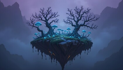 Spooky Low Poly Floating Island with Dark Trees and Glowing Mushrooms