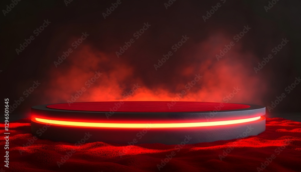 Poster illuminated stage with red mist background for product presentation