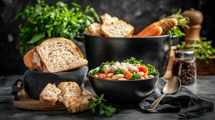 Fresh Vegetable Bean Salad with Bread and Herbs in Stylish Kitchen Setting on Dark Background