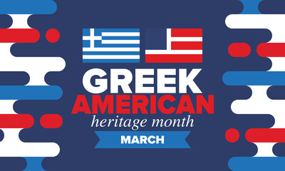 Obraz premium Greek American Heritage Month. Greece and United States flag. Greek blue color. Happy holiday celebrate in March. Culture month. Patriotic design. Poster, card, banner, template. Vector illustration