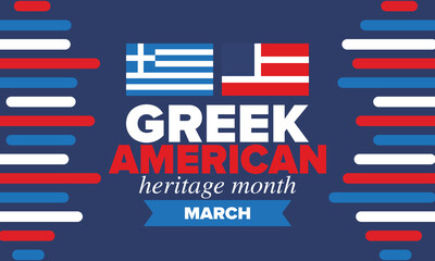 Greek American Heritage Month. Greece and United States flag. Greek blue color. Happy holiday celebrate in March. Culture month. Patriotic design. Poster, card, banner, template. Vector illustration