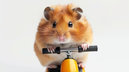 A fluffy hamster gripping the handlebars of a tiny scooter, looking focused on a clean white background.