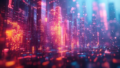 Obraz premium An urban landscape with glowing holographic buildings and neon-lit streets, blending architecture with technology, Cyberpunk, 3D Render, Cool tones