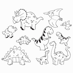 A collection of hand-drawn, black-and-white cartoon dinosaurs, T-Rex, Triceratops, Stegosaurus, Brachiosaurus, Pterodactyl, and Ankylosaurus. Ideal for children's coloring pages, educational materials