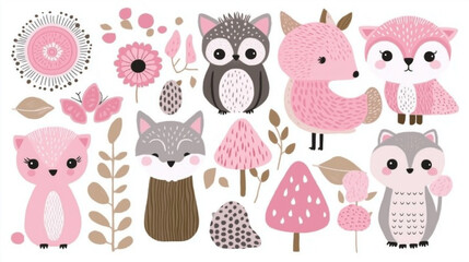 Whimsical Forest Friends: An endearing collection of stylized forest animals and floral elements in soft pink and brown tones, perfect for adding a touch of charm and playfulness to any design.