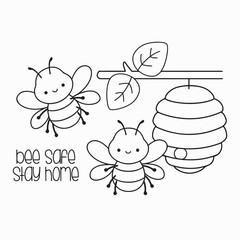 A cute black-and-white illustration of two smiling bees near a beehive hanging from a tree branch with leaves, promoting safety and awareness.