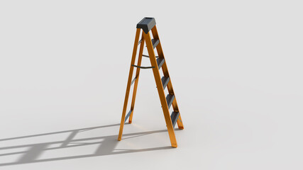 orange metal ladder with black rung on white backdrop, right view