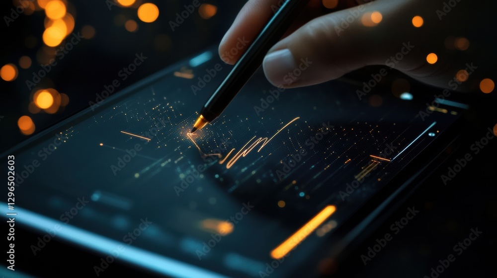 Aufkleber Data analysis in progress on a digital tablet using a stylus during a busy night scene. Generative AI