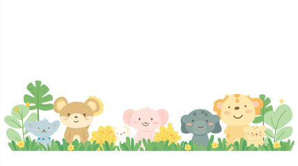 Whimsical Animal Friends: A delightful illustration of  a playful  group of  animals - a bear, pig, dog, cat, and lion, smiling, and enjoying themselves together on a meadow.