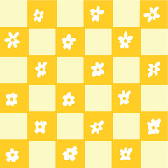 Funny floral pattern in a cage. Seamless retro pattern with simple colors. Bright background for T-shirts, posters, postcards, wallpapers and prints. Vector seasonal doodles