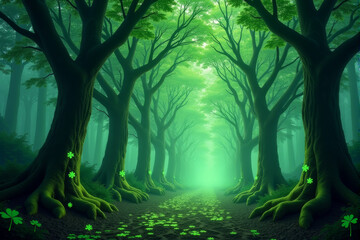 A vibrant St. Patrick&rsquo;s Day-themed background featuring lush green clovers, Irish culture, and good luck concepts. Ideal for use in greeting cards, banners, and festive designs..