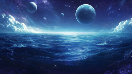 Fototapeta premium blue ocean stretching through space, with planets and moons hovering above the water 