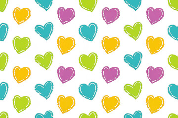 Colorful hand-drawn heart seamless pattern on white background.