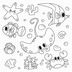 Black and white hand drawn illustration featuring various sea creatures, The underwater scene is adorned with bubbles, making it perfect for coloring pages and marine themed designs.