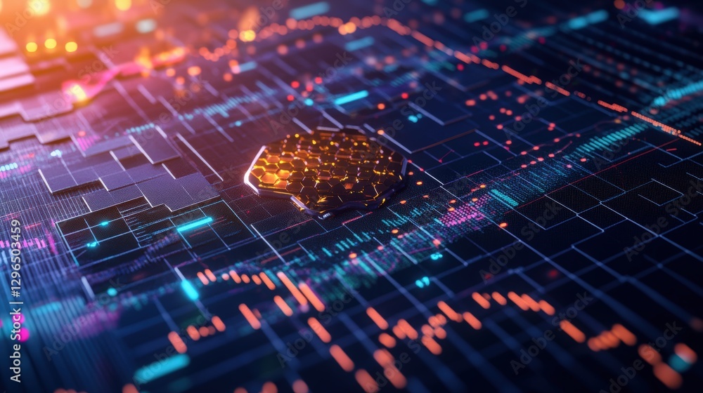 Poster futuristic digital circuit board with binary code and network patterns