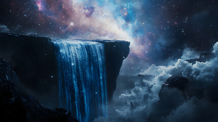 cascading from a floating ocean into the stars, dissolving into cosmic mist 