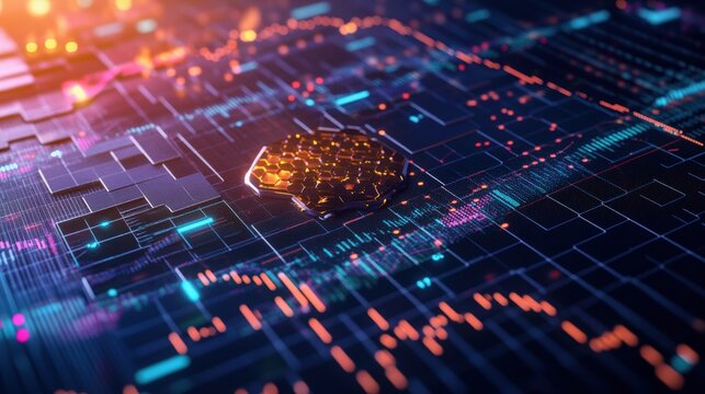Futuristic digital circuit board with binary code and network patterns