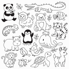 Playful black and white digital line drawing featuring various animals, including a panda, tiger, crocodile, penguin, whale, deer, turtle, and more. 