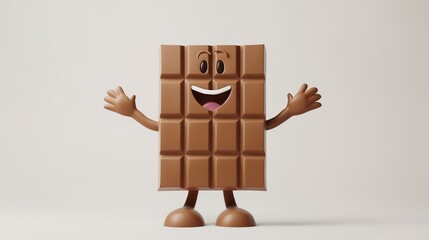 A grinning bar of chocolate with tiny arms, waving happily, placed neatly on a pure white backdrop in high-definition clarity.