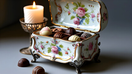 Vintage white painted porcelain box with chocolates and candle on gray surface