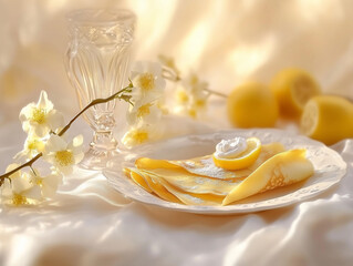 Delicious golden crepes with lemon and whipped cream on elegant table setting