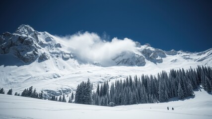 Obraz premium Peaceful Snowy Landscape with Mountain Peaks and Pine Trees