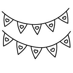 Festive bunting with hearts Line art vector